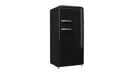 Sleek retro black refrigerator with chrome accents offers stylish kitchen appliance appeal