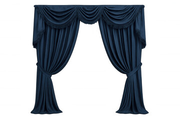 Luxurious blue curtains elegantly draping, softly gathered, revealing sophisticated window styling against transparent background for interior design