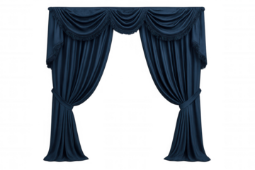 Luxurious blue curtains elegantly draping, softly gathered, revealing sophisticated window styling against transparent background for interior design