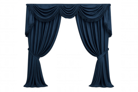 Luxurious blue curtains elegantly draping, softly gathered, revealing sophisticated window styling against transparent background for interior design