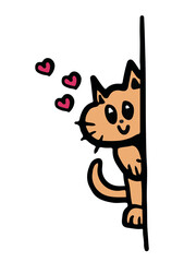 Hand drawn cat hiding behind a wall for cartoon character, comic, mascot, cute patch, kitten drawing, adopt and rescue animal, pet shop, vet, foster home, shelter, paw friend, sticker, Valentine card
