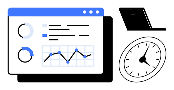 Analytics dashboard with charts, graphs, and reports beside a laptop and clock. Ideal for business, productivity, time management, data visualization, teamwork planning digital tools. A simple flat