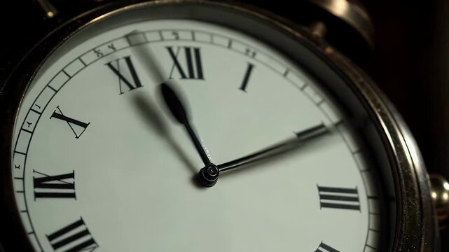 Extreme close-up of a ticking clock with its hands moving unnaturally fast, background slowly blurring, representing stress and approaching deadlines.