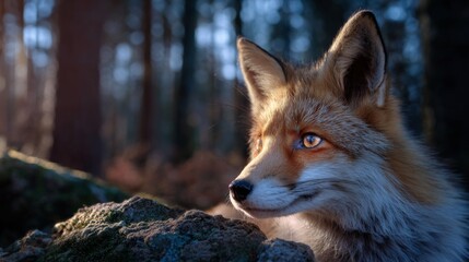 Fototapeta premium Golden Eyed Fox Peeks from Forest Shadows, Sunlit Fur Captures Enchanting Wildlife Moment in Nature
