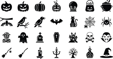 Solid black essential Halloween glyph icon set