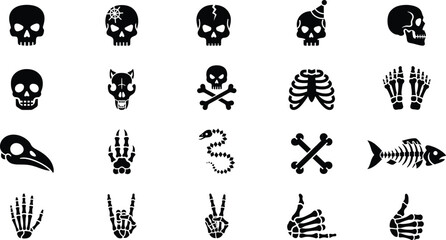 Solid black skull and bones glyph icon set