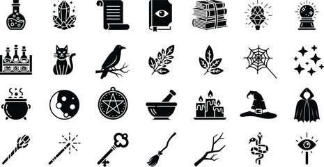 Solid black witchcraft tools and potions icon set
