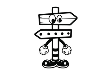 Animated signpost character with eyes, arms, hands, legs, and shoes stands on a white backdrop