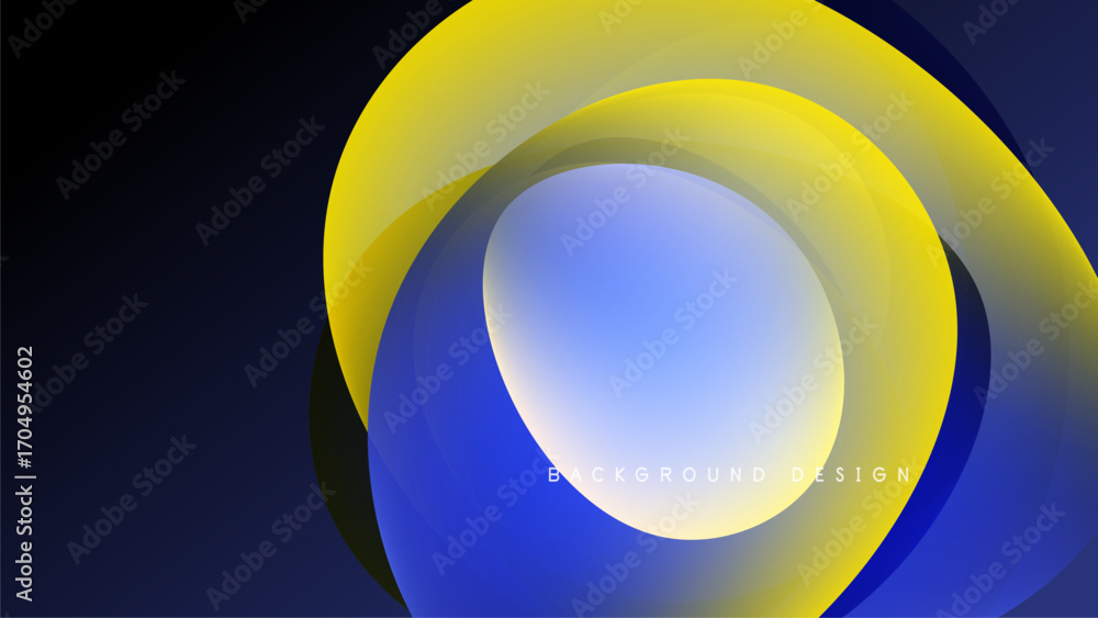 Poster abstract design features layered circles. yellow, blue gradients contrast dark background. modern, f