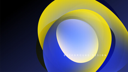Abstract design features layered circles. Yellow, blue gradients contrast dark background. Modern, fluid shapes create dynamic visual effect.