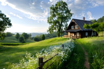 Wooden house standing on a green hill in the countryside