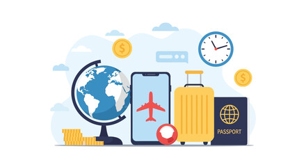 Travel planning concept with globe, phone, suitcase, passport, and money.