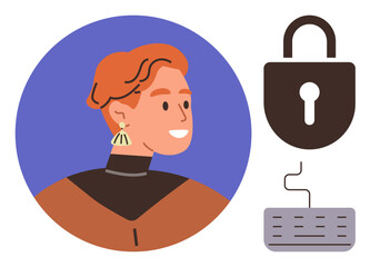 Profile of young individual beside a padlock and keyboard, representing online security, data protection, privacy, and digital access. Ideal for technology, cybersecurity, safety, identity