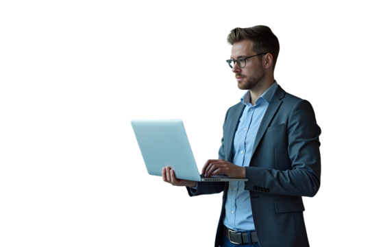 Young Businessman with Laptop on transparent Background u can use it for your business