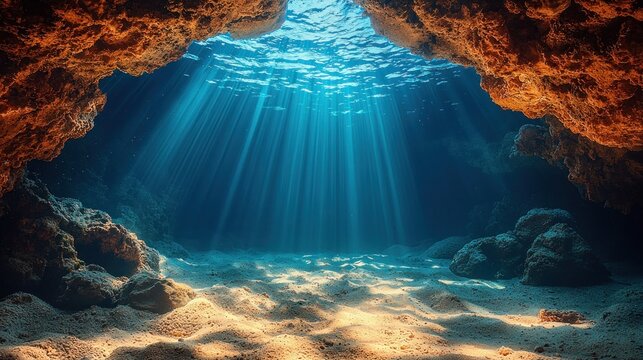 Sunbeams illuminating underwater cave - Powered by Adobe
