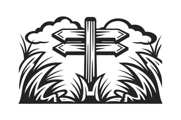 Black and white directional sign stands amidst the grass under cloudshaped formations above