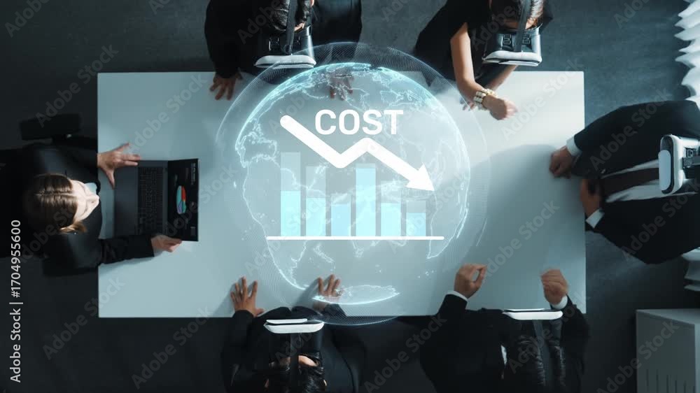 Poster a dynamic overhead view of professionals engaged in a business meeting, showcasing a digital graph a