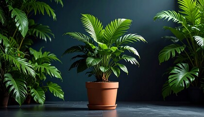 Lush houseplants in a dark room