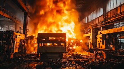 A factory engulfed in flames, showcasing intense heat and destruction.
