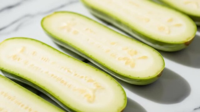 Halved winter melons lie aligned