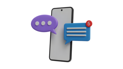 Receive five unread messages on mobile phone with speech bubble notifications and alerts