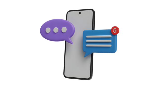 Receive five unread messages on mobile phone with speech bubble notifications and alerts