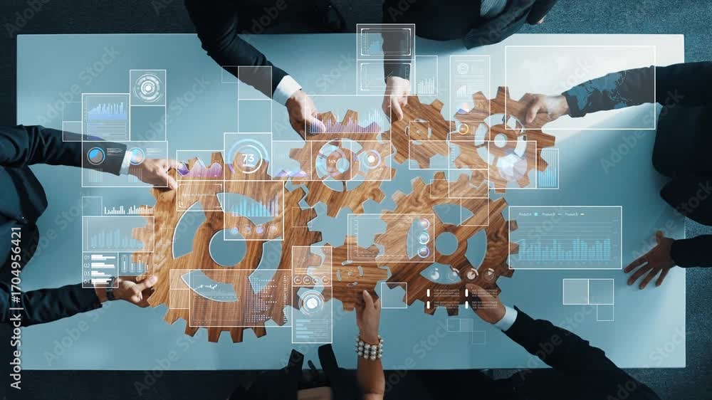 Poster a dynamic business meeting showcasing teamwork and innovation, featuring a blend of digital data ana