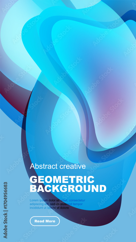 Poster fluid shapes overlap, creating vibrant blue gradient effect. modern design with text elements below.