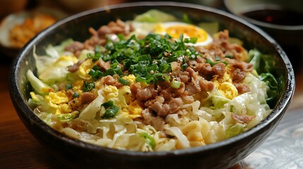 Cooked by mixed cabbage pork noodle egg and sauce