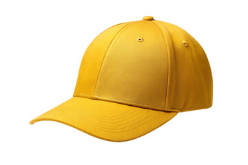 Fototapeta premium Golden mustard baseball hat with adjustable closure and traditional structured crown design, isolated on a transparent background