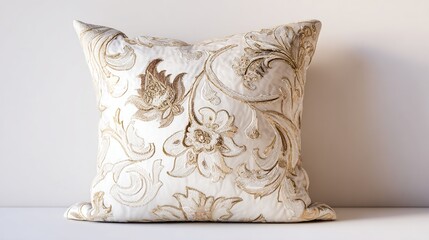 Luxurious off-white square pillow with embossed gold floral damask pattern.  Perfect for adding elegance to any space
