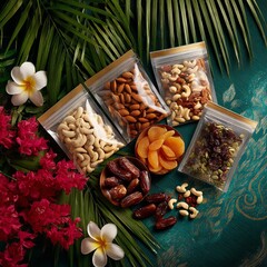 Assortment of dried fruits and nuts in transparent packaging with tropical flowers and palm leaves decoration. Exotic and healthy snack concept, perfect for nutrition, Ramadan, travel, wellness 