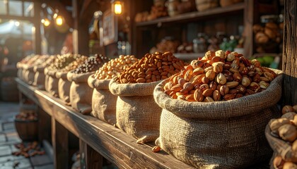 Assorted nuts in burlap sacks at marketplace during daytime are displayed for sale