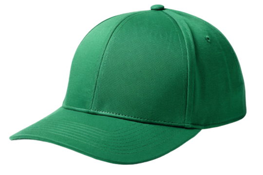Forest green cotton baseball hat with classic structured crown and curved bill, isolated on a transparent background