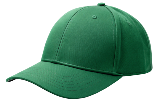 Kelly green baseball cap with traditional six-panel design and curved visor construction, isolated on a transparent background