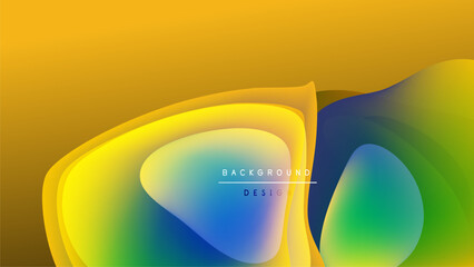 Abstract fluid shapes, vibrant colors blend. Yellow, green, blue gradients over black backdrop. Modern design element.