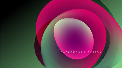 Abstract layers overlap, creating vibrant gradients. Pink, purple, green hues blend into dark background. Modern design element.