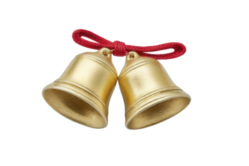 Two golden bells tied with red ribbon isolated on transparent background