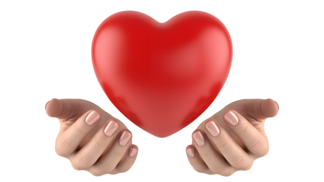 Hands gently holding red heart, offering love, care, and support for health campaigns - Powered by Adobe