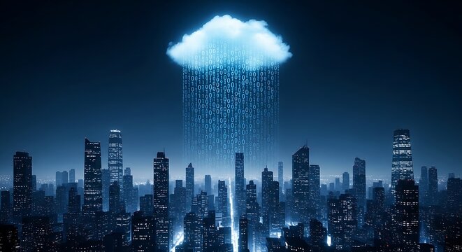 Digital cloud raining binary code over a futuristic cityscape at night, representing data transfer and technology