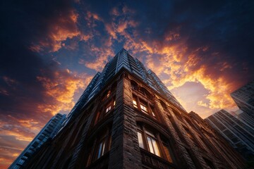 Majestic urban architecture reaches for dramatic fiery sunset sky with illuminated windows creating an atmospheric city mood