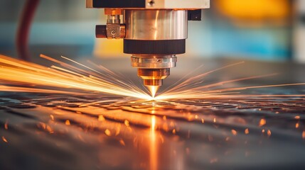 High-Precision Laser Cutting Machine in Action Producing Sparks and Creating Intricate Designs on Metal Sheet for Industrial Applications