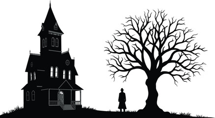 Spooky Haunted House with Bare Tree and Mysterious Man Silhouette Vector for Halloween, Horror, Thriller, and Dark Night Designs