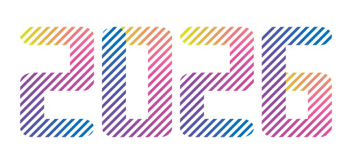 Obraz premium 2026 Colorful striped typography. Modern gradient year number design for new year. Transparent vector