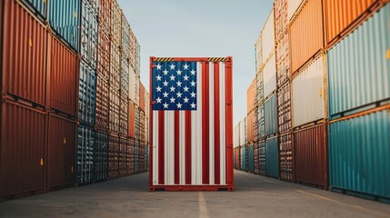 American Flag Painted Freight Container Surrounded by Colorful Shipping Containers in a Industrial Warehousing Yard under Clear Blue Sky