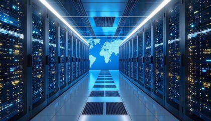 Server room with rows of data racks, blue hues, a world map backdrop, and overhead lighting