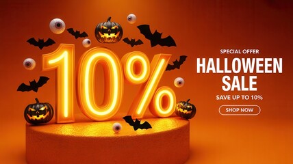 Score spooky savings with a thrilling 10% off Halloween sale, featuring glowing pumpkins, flying bats, and eerie eyeballs, perfect for your next frightful promotion!