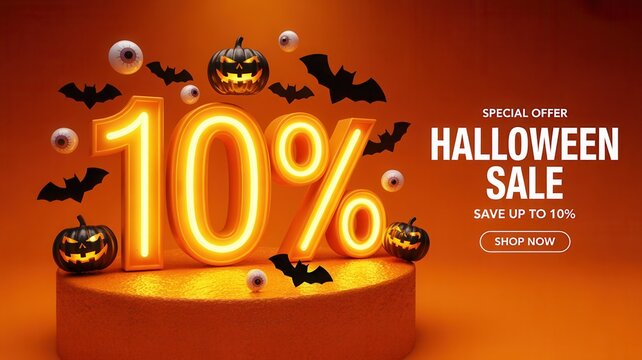 Score spooky savings with a thrilling 10% off Halloween sale, featuring glowing pumpkins, flying bats, and eerie eyeballs, perfect for your next frightful promotion!