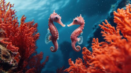 Two Elegant Seahorses in Coral Reef Surrounded by Vibrant Red Seaweed in Blue Ocean Water Underneath Sunlight