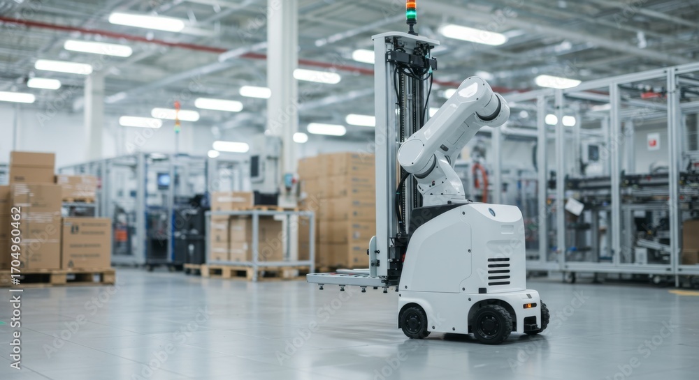 Poster white robotic arm on autonomous mobile robot in smart industrial factory for automation and logistic